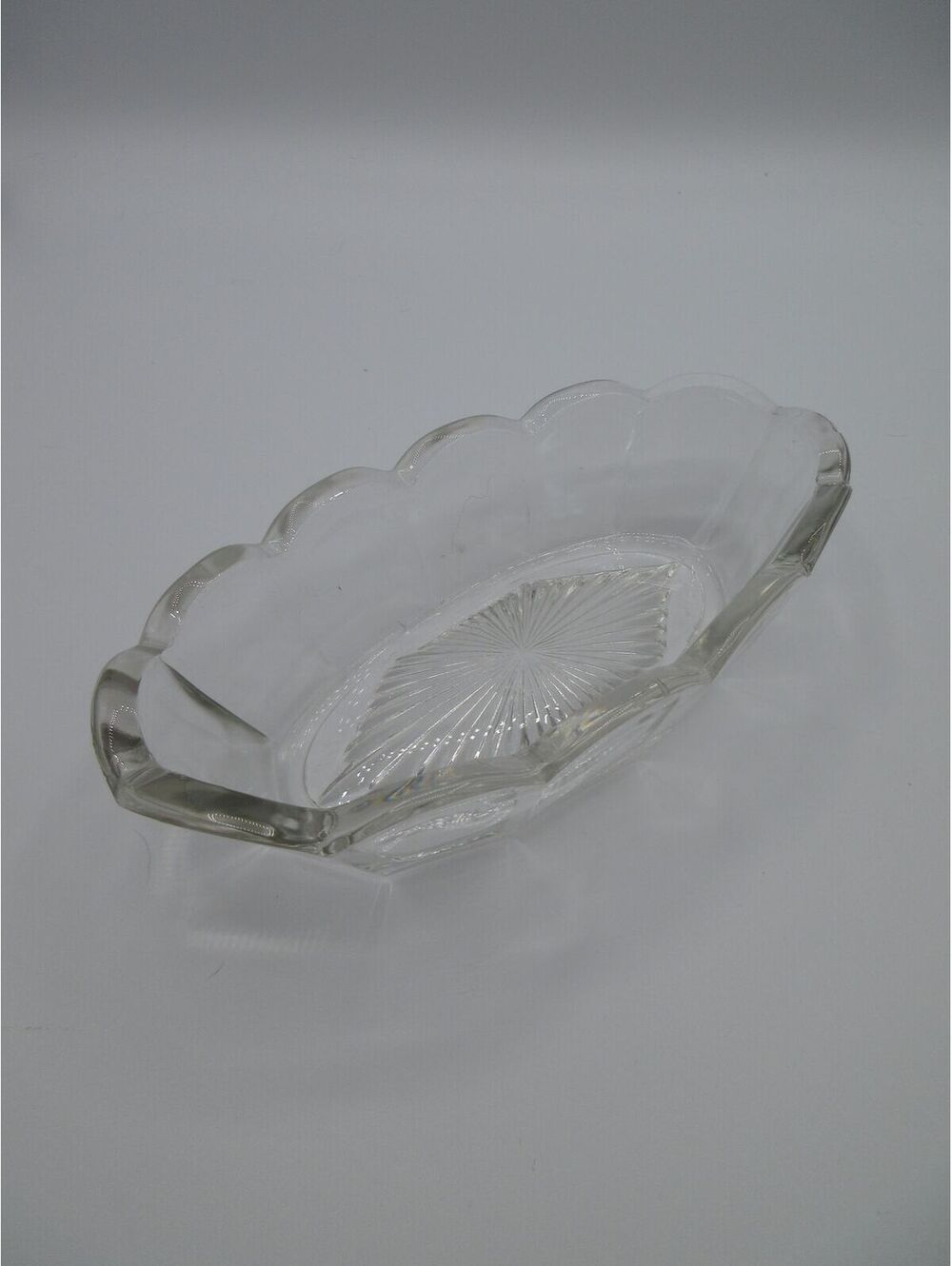 82. Vintage Clear Glass Oval Relish Serving Dish Scalloped Edge